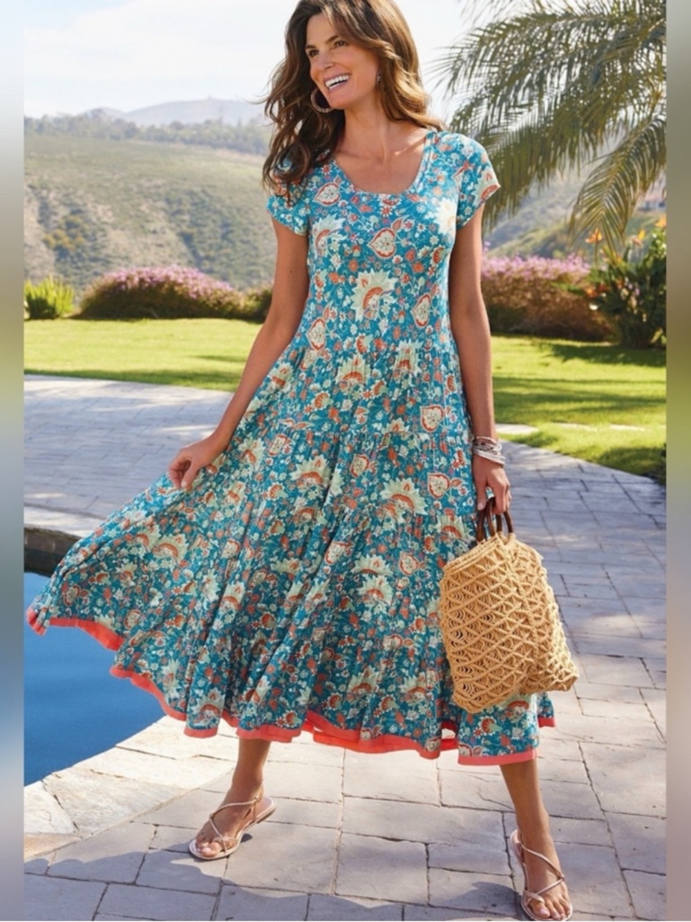 Soft Surroundings Kara Dress Fiery Teal Jacobean Blue Floral Maxi Tiered M NWT